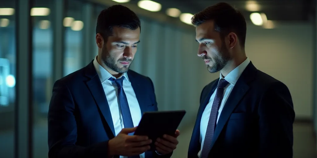 a man in a suit and tie looking at a tablet screen while another man in a suit looks at a tablet scr