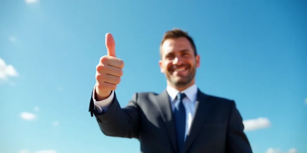 a man in a suit and tie making a thumbs up sign with his hand and a blue sky in the background, Dona