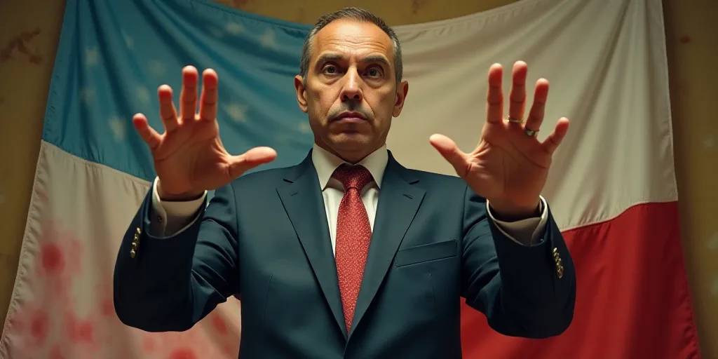 a man in a suit and tie making a hand gesture with his fingers in front of him and a flag behind him