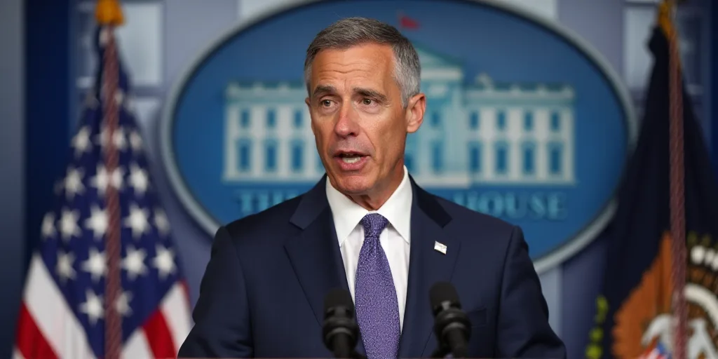 a man in a suit and tie making a speech in front of a white house sign and flag behind him, Eric Din