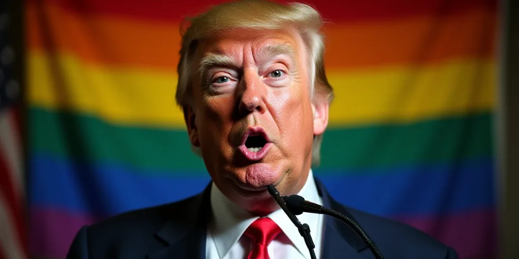 a man in a suit and tie making a face with a microphone in front of him and a rainbow flag behind hi