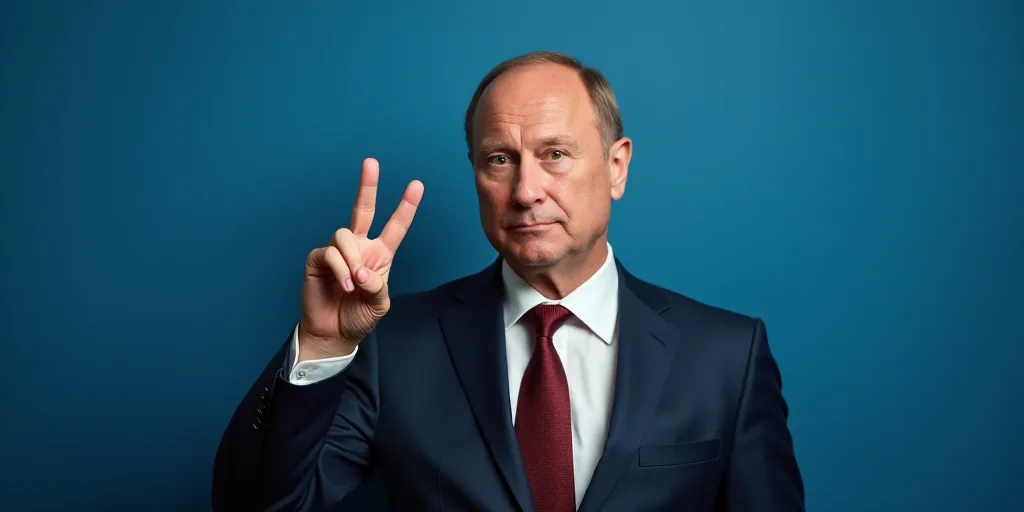 a man in a suit and tie making a peace sign with his hand and a blue background with a blue backdrop