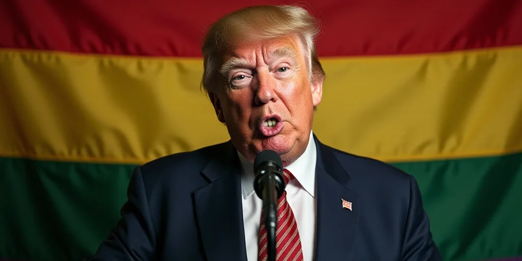 a man in a suit and tie making a face with a microphone in front of him and a rainbow flag behind hi