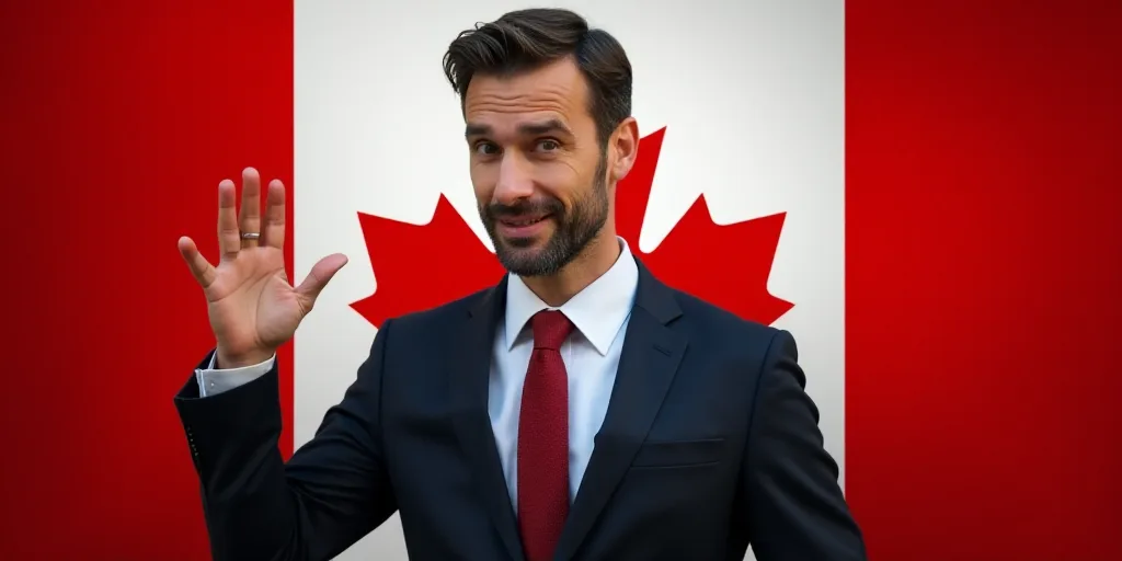 a man in a suit and tie making a hand gesture with his right hand in front of a canadian flag, Charl