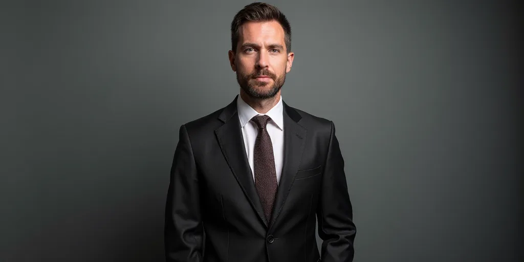 a man in a suit and tie posing for a picture in a studio photo with a gray background and a gray wal