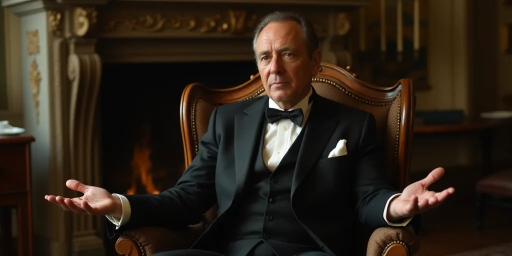 a man in a suit and tie sitting in a chair with his hands out in front of him and a fireplace in the