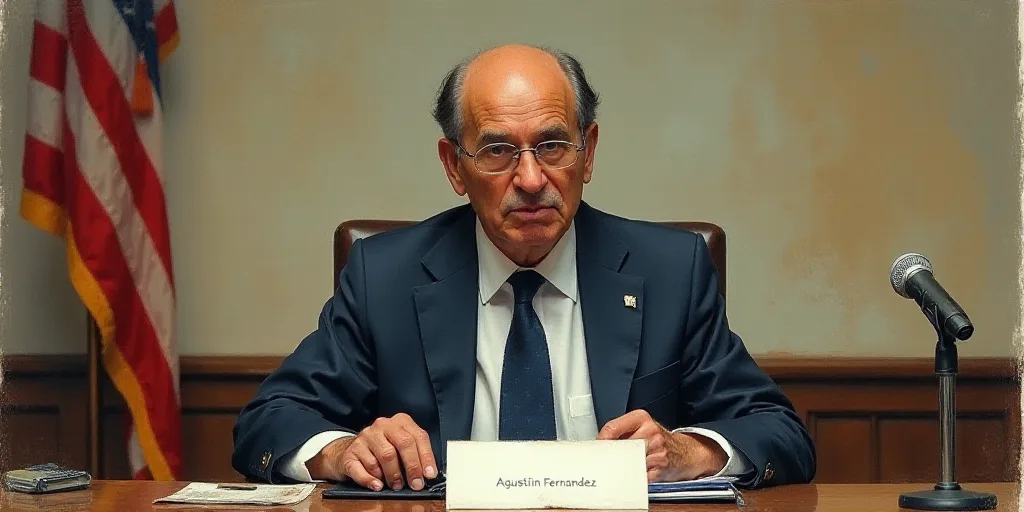 a man in a suit and tie sitting at a table with a microphone and a sign in front of him, Agustín Fe