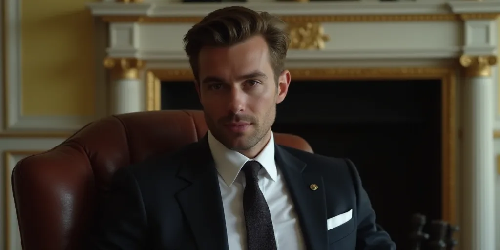 a man in a suit and tie sitting in a chair with a fireplace in the background and a gold and white w