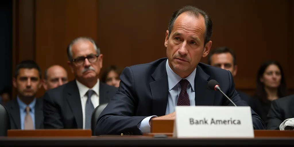 a man in a suit and tie sitting at a table with a microphone in front of him and a bank america sign