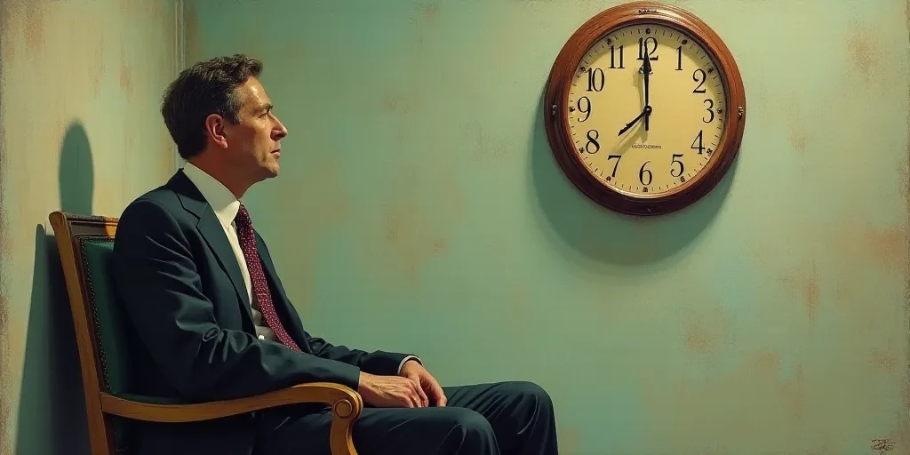 a man in a suit and tie sitting in front of a wall with a clock on it's face, Emerson Silva, david l