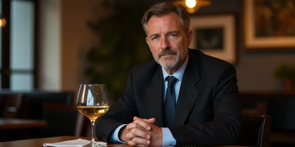 a man in a suit and tie sitting at a table with a glass of wine in front of him, Eric de Kolb, thier