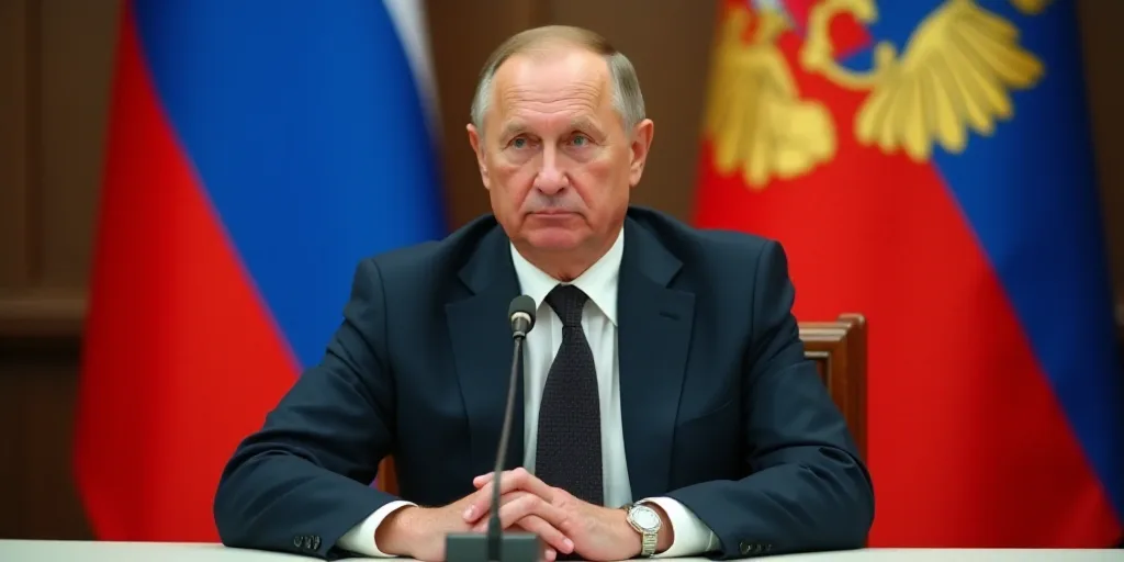a man in a suit and tie sitting at a table with a microphone in front of him and a russian flag behi