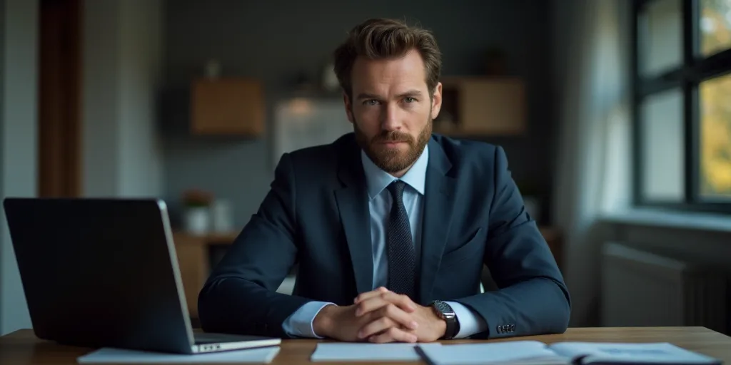 a man in a suit and tie sitting at a desk with a laptop and a tablet computer in front of him, Andri