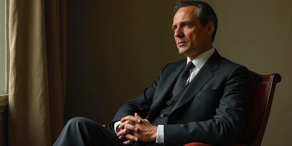 a man in a suit and tie sitting down with his hands folded out in front of him, looking off to the s