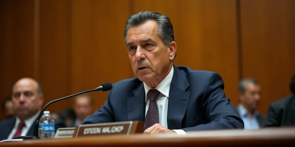 a man in a suit and tie sitting at a table with a microphone in front of him and a wooden wall behin
