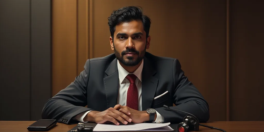 a man in a suit and tie sitting at a table with a microphone in front of him and a cell phone in the