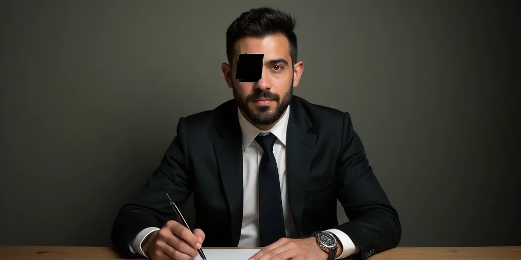 a man in a suit and tie sitting at a table with a black strip across his eye and a black strip acros