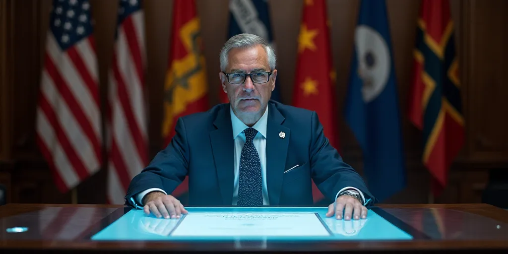 a man in a suit and tie sitting at a table with a certificate in front of him and flags behind him,