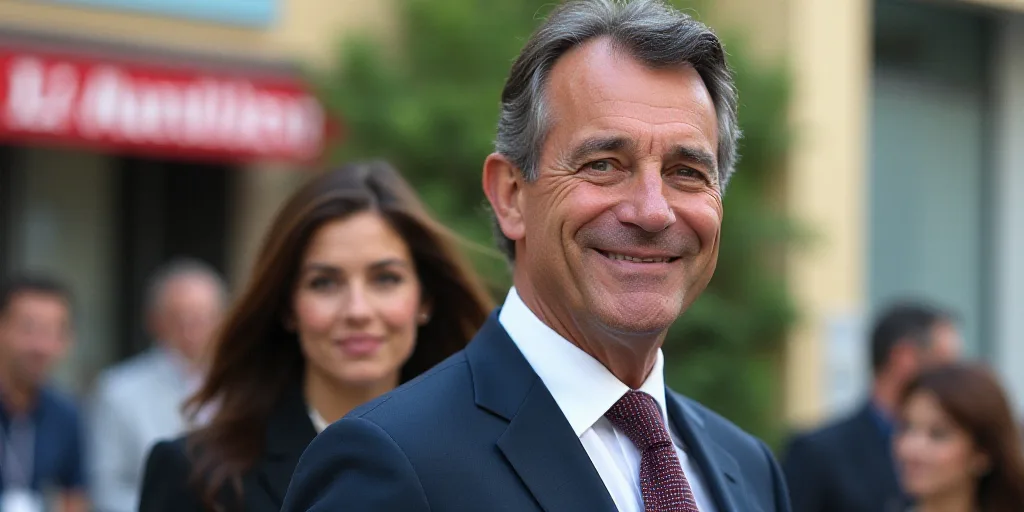 a man in a suit and tie smiling for the camera with a woman in the background behind him and a build