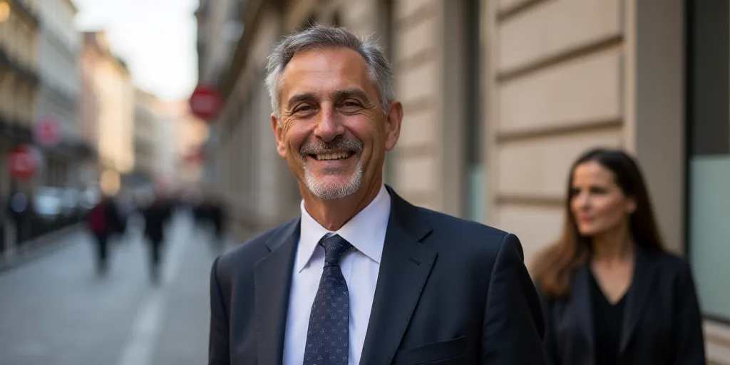 a man in a suit and tie smiling for the camera with a woman in the background behind him and a build