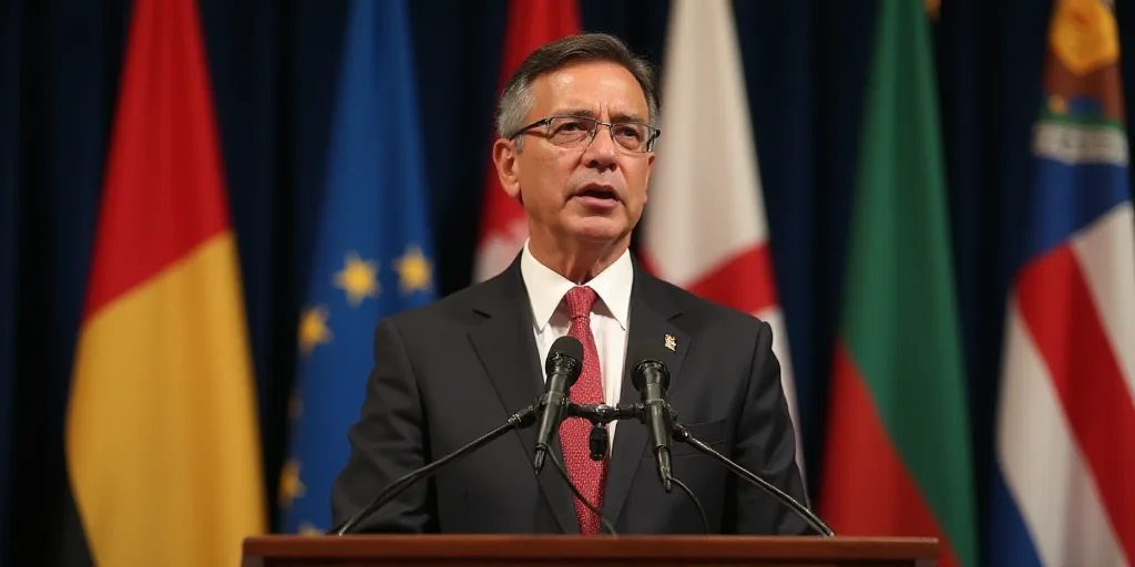 a man in a suit and tie speaking at a podium with flags behind him and a microphone in the foregroun
