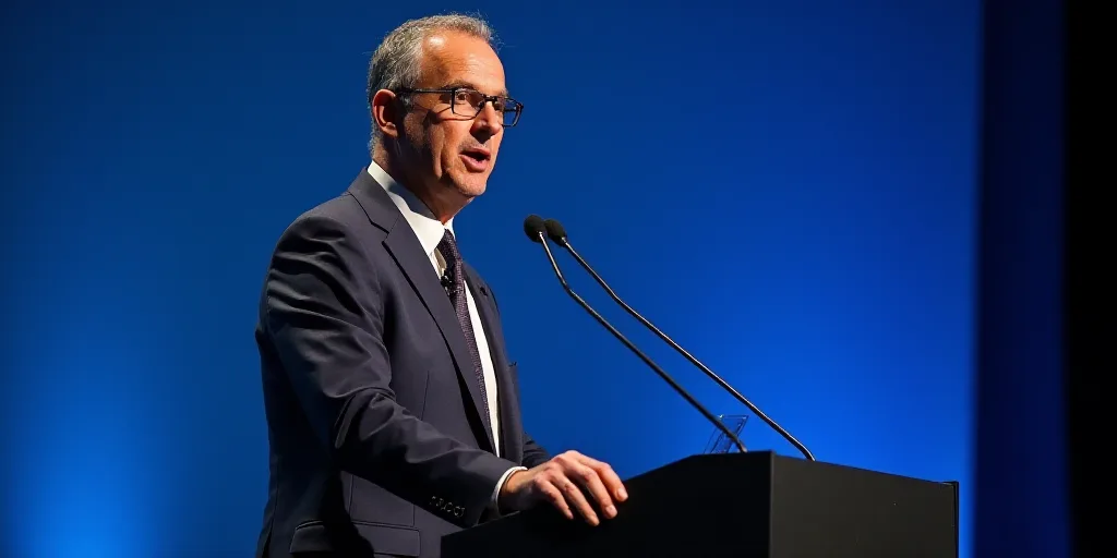 a man in a suit and tie speaking at a podium with a microphone in front of him and a blue background