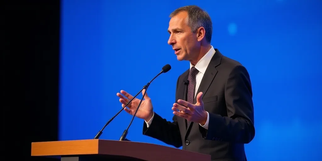 a man in a suit and tie speaking into a microphone at a podium with a blue screen behind him, Dahlov