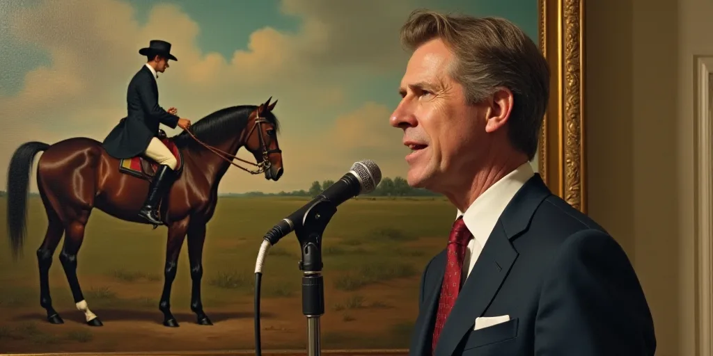 a man in a suit and tie speaking into a microphone in front of a painting of a horse and rider, Dona