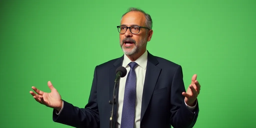 a man in a suit and tie speaking into a microphone with his hands out in front of him and a green ba