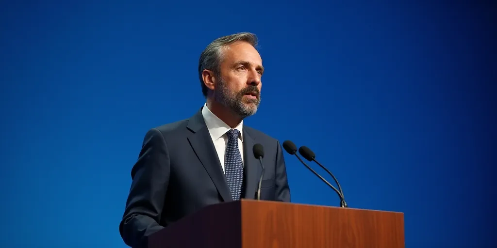 a man in a suit and tie speaking at a podium with a microphone in front of him and a blue background