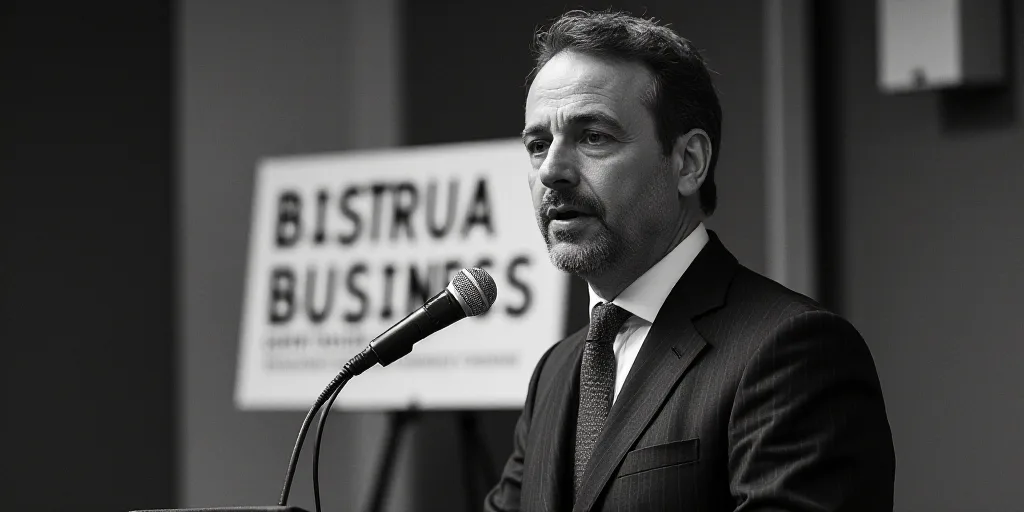 a man in a suit and tie speaking into a microphone with a sign behind him that says, bistrua busines