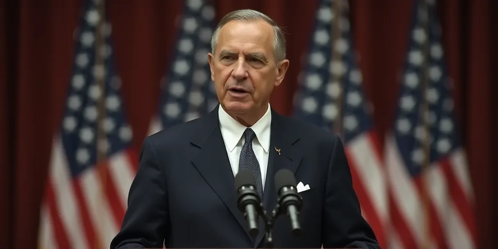 a man in a suit and tie speaking at a podium with flags behind him and a microphone in front of him,