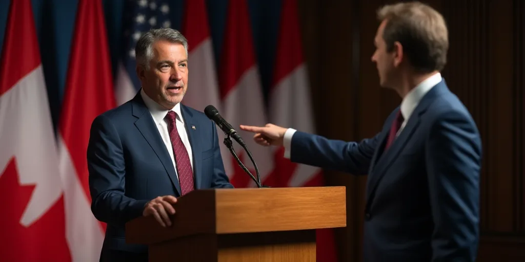 a man in a suit and tie speaking at a podium with a flag in the background and a man in a suit and t