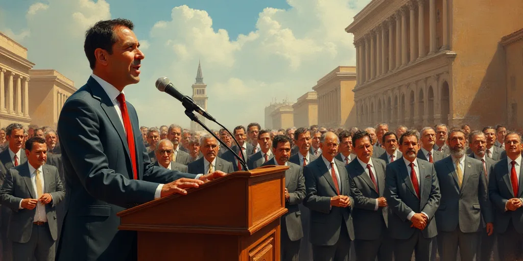 a man in a suit and tie speaking at a podium with a microphone in front of him and a crowd, Carlos T
