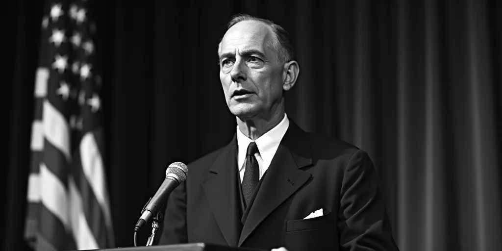 a man in a suit and tie speaking at a podium with an american flag behind him and a microphone in fr