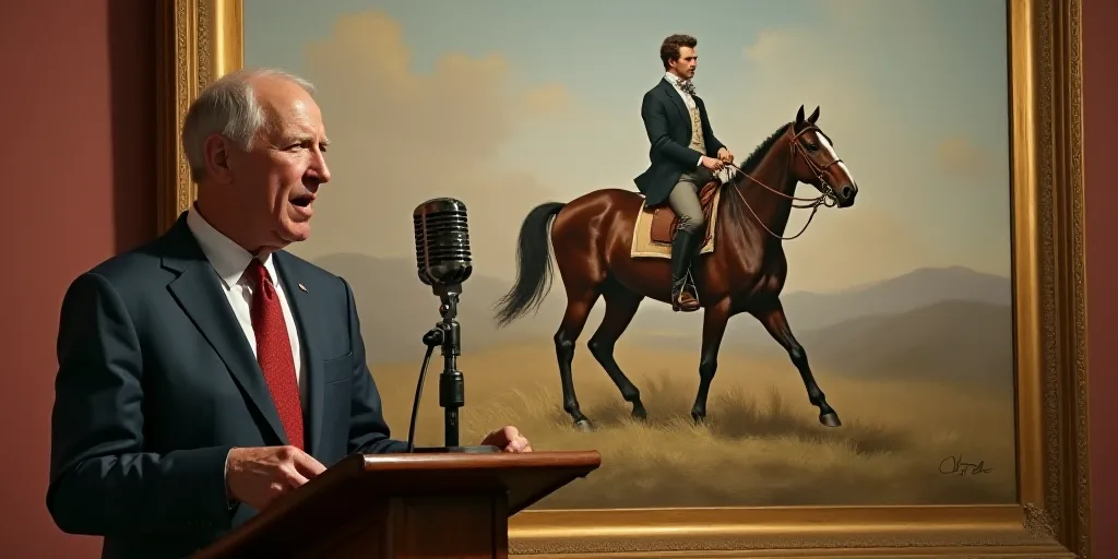 a man in a suit and tie speaking into a microphone in front of a painting of a horse and rider, Dona