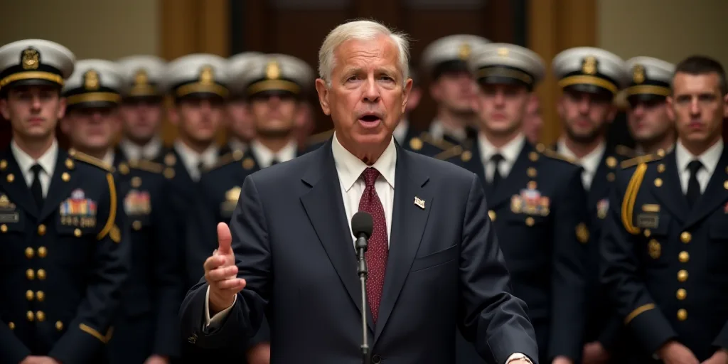 a man in a suit and tie speaking into a microphone in front of military men and women in uniform, Do
