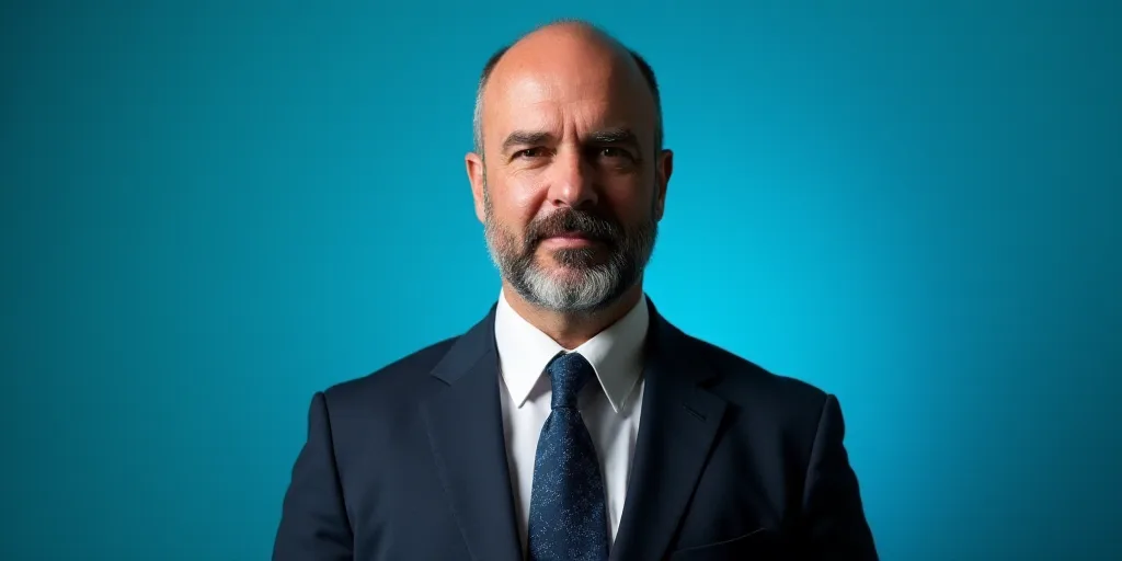 a man in a suit and tie standing in front of a blue background with a caption that reads demeterio s