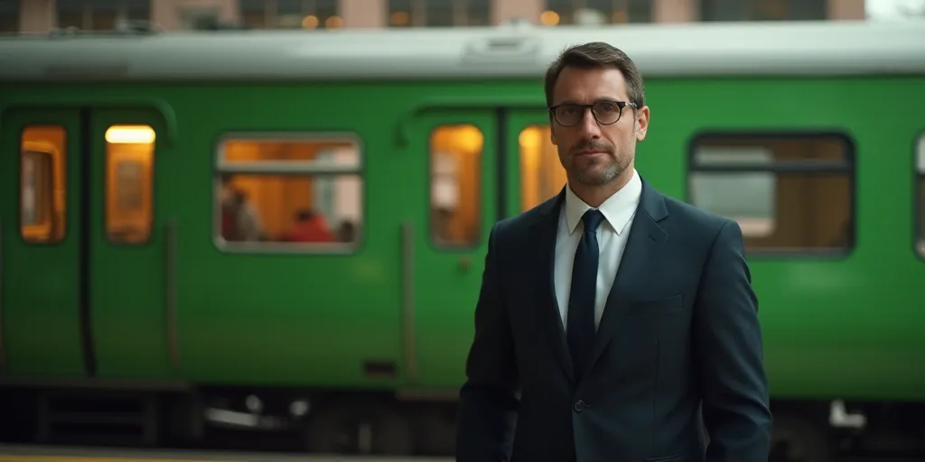 a man in a suit and tie standing in front of a train at a station with a green train behind him, Don