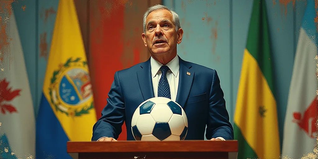a man in a suit and tie standing at a podium with a soccer ball in front of him and a flag behind hi