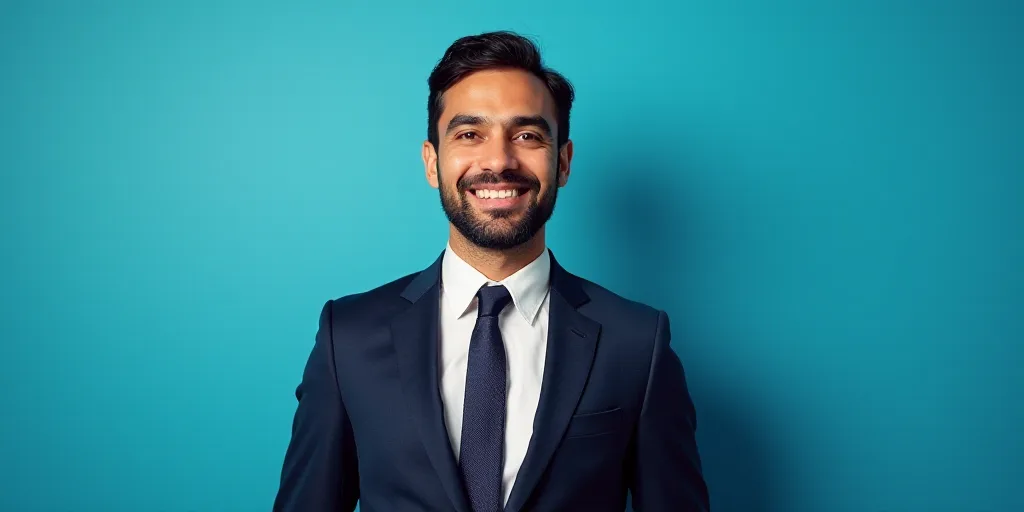 a man in a suit and tie standing in front of a blue background with a caption that reads, louis migu