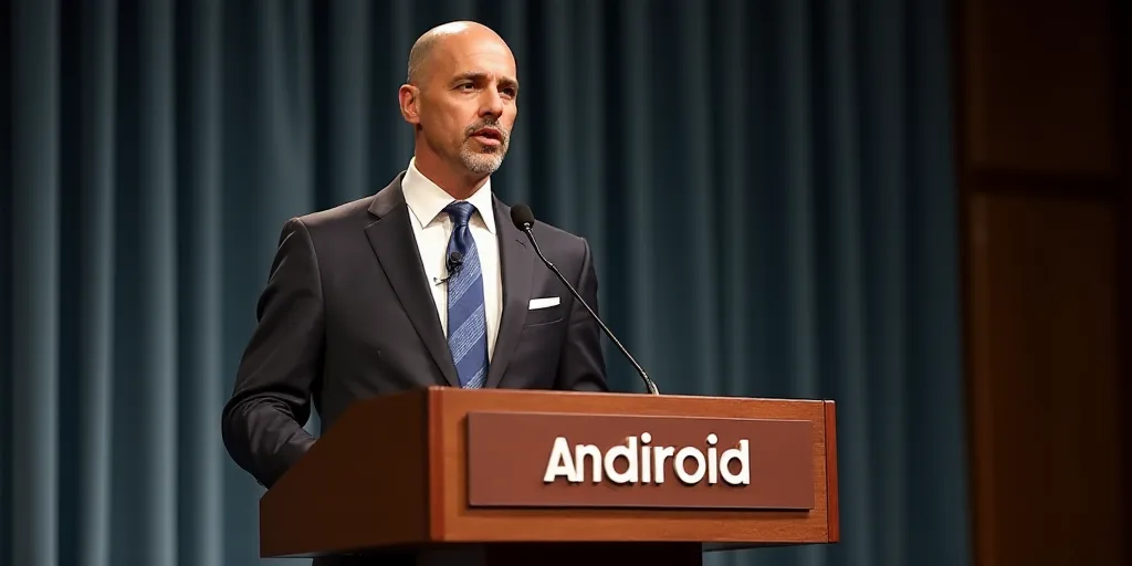 a man in a suit and tie standing at a podium with a microphone in front of him and a sign behind him