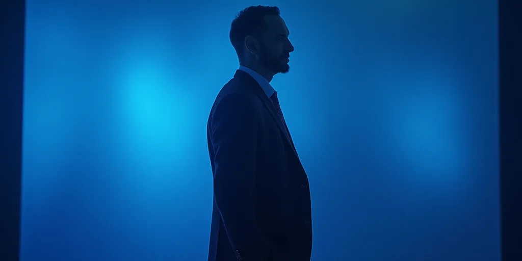 a man in a suit and tie standing in front of a blue background with the words antonio ai showbiz, An
