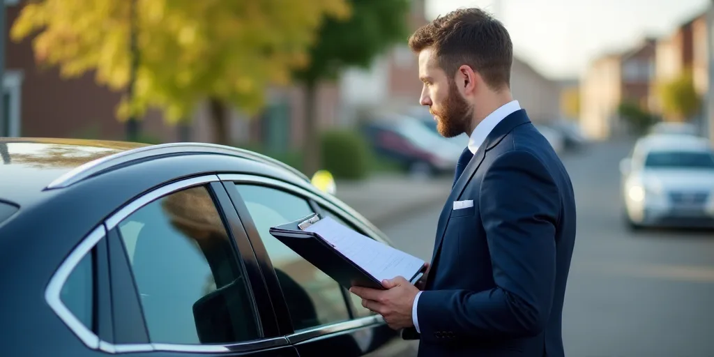 a man in a suit and tie standing next to a car holding a clipboard and looking at a clipboard, Andri