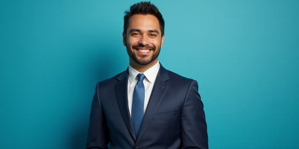 a man in a suit and tie standing in front of a blue background with a black and white photo, Alejand