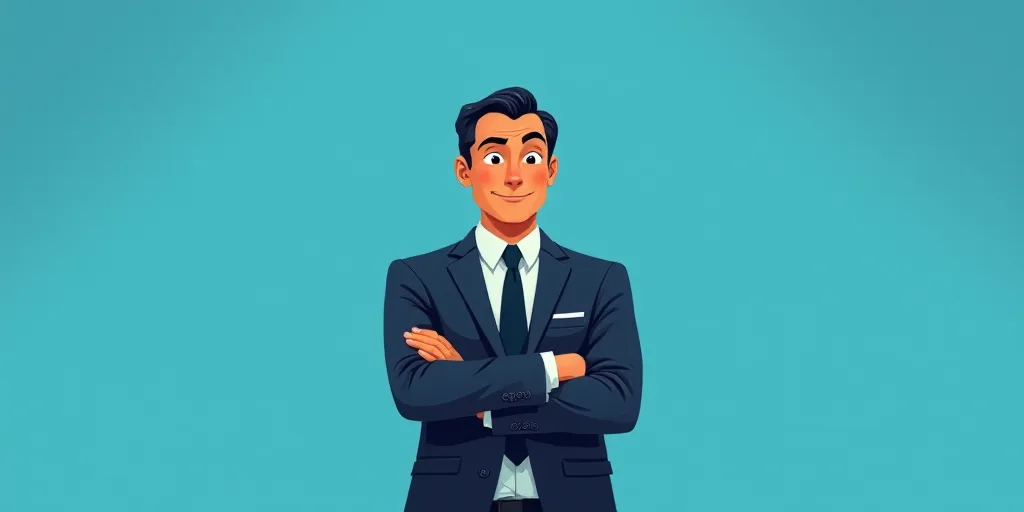 a man in a suit and tie standing with his arms crossed in front of him, with a blue background, Carl