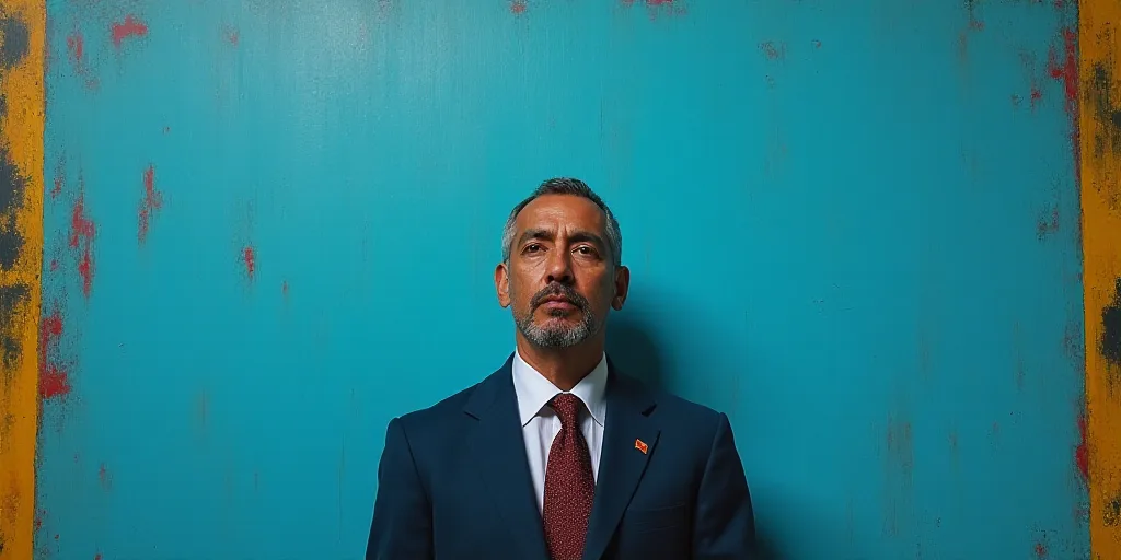 a man in a suit and tie standing in front of a blue background with a black and yellow border, Artur