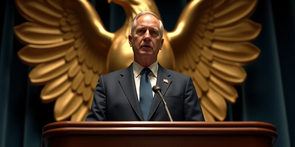 a man in a suit and tie standing at a podium with a microphone in front of him and a gold eagle stat