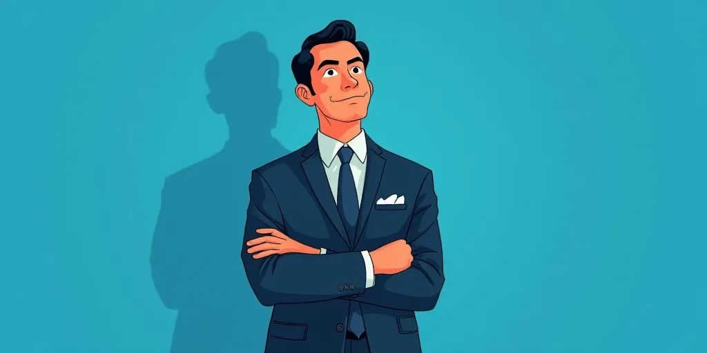 a man in a suit and tie standing with his arms crossed in front of him, with a blue background, Carl