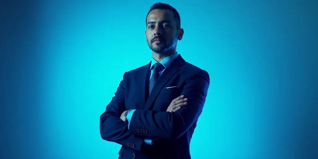 a man in a suit and tie standing with his arms crossed in front of him with a blue background, Estua